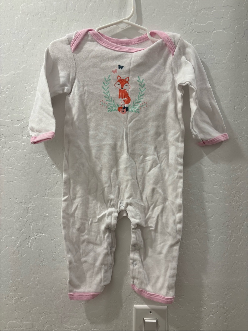 HB Baby Girls 18M Fox Graphic Long Sleeve Romper White Pink Cotton